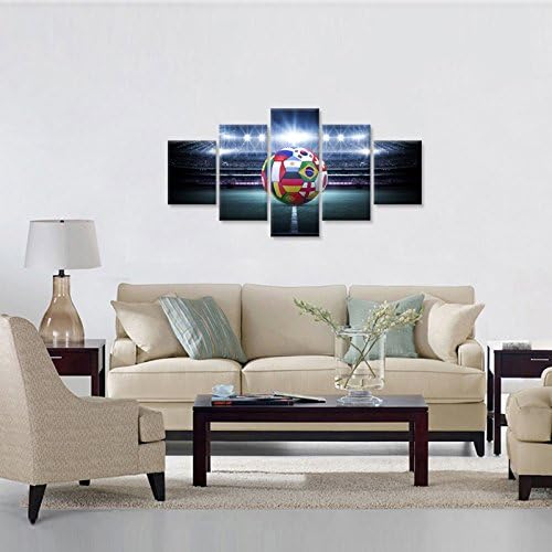 Hello Artwork Large 5 Pieces Canvas Wall Art Light Shining Soccer Ball Stadium Close Up Arena Soccer Field Championship Win Modern Wall Ready To Hang