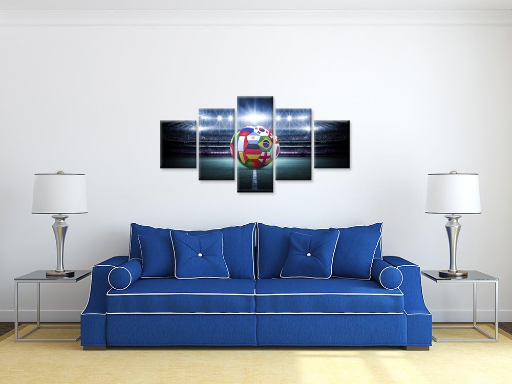 Hello Artwork Large 5 Pieces Canvas Wall Art Light Shining Soccer Ball Stadium Close Up Arena Soccer Field Championship Win Modern Wall Ready To Hang