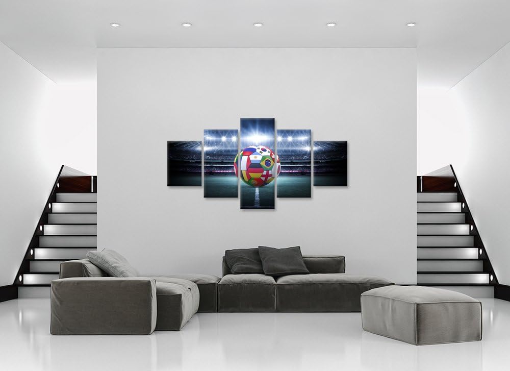 Hello Artwork Large 5 Pieces Canvas Wall Art Light Shining Soccer Ball Stadium Close Up Arena Soccer Field Championship Win Modern Wall Ready To Hang