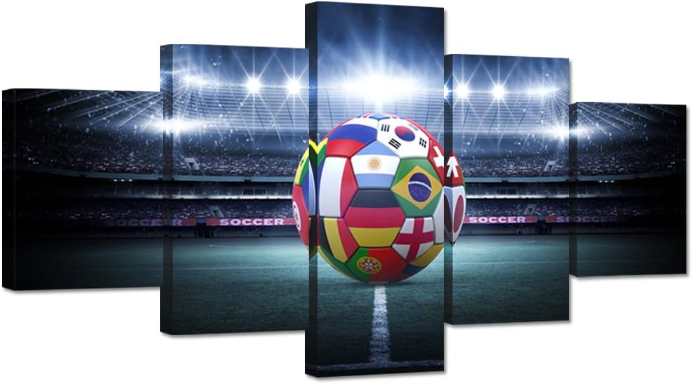 Hello Artwork Large 5 Pieces Canvas Wall Art Light Shining Soccer Ball Stadium Close Up Arena Soccer Field Championship Win Modern Wall Ready To Hang