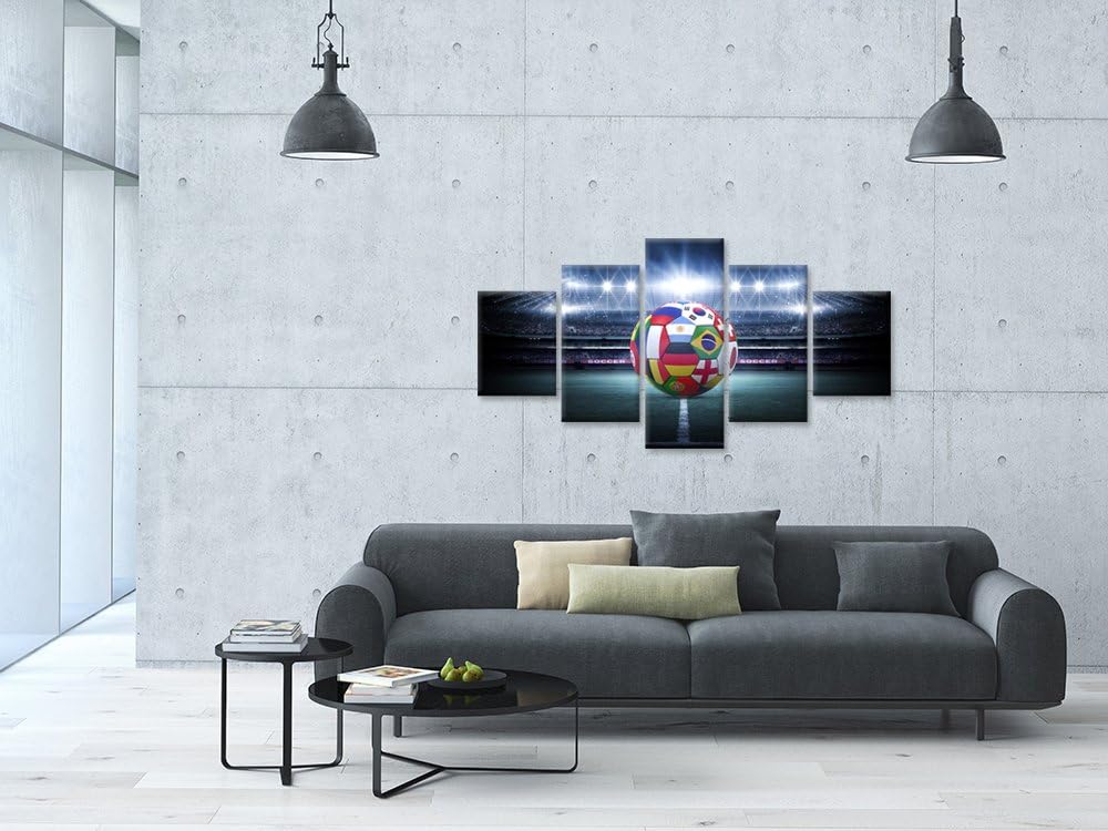 Hello Artwork Large 5 Pieces Canvas Wall Art Light Shining Soccer Ball Stadium Close Up Arena Soccer Field Championship Win Modern Wall Ready To Hang